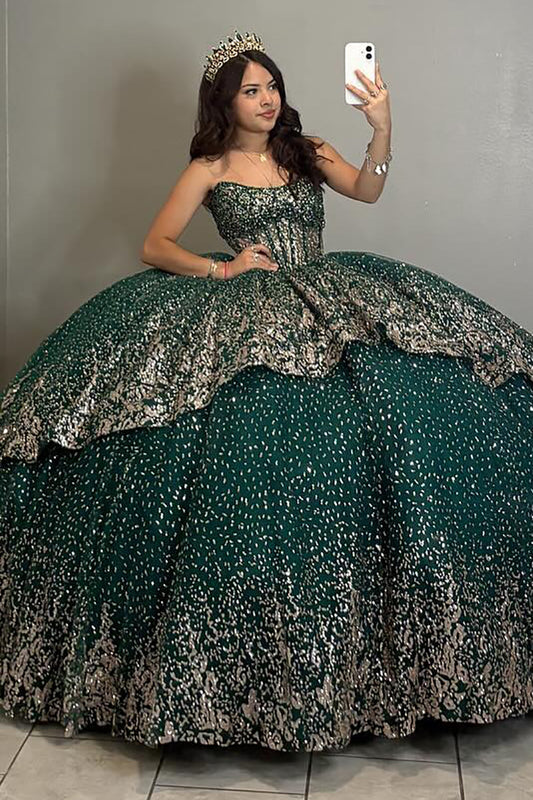 Glittery Tulle Sequin Beaded Corset Green Quinceanera Dresses with Ruffles HE813