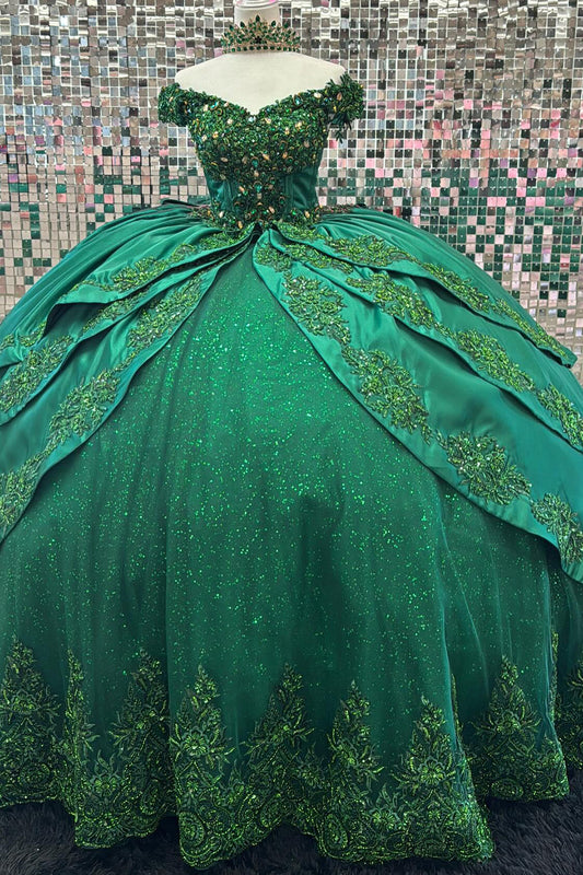 Emerald Green Tulle Glittery Lace Beaded Princess Quinceanera Dresses for Birthday HE943