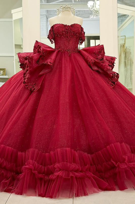 Off Shoulder Tulle Beaded Ruffles Ball Gown Red Quinceanera Dresses for Sweet 16 HE824