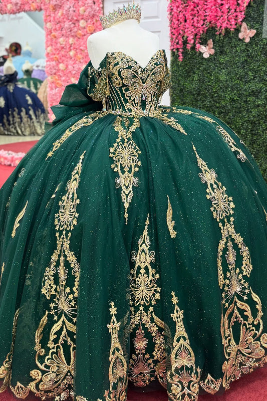 Ball Gown Luxury Tulle Lace Green Beaded Quinceanera Dresses with Bowknot HE951