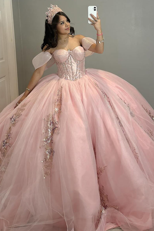 Vestidos de quinceañera con hombros descubiertos, tul princesa, apliques, vestidos de quinceañera HE530