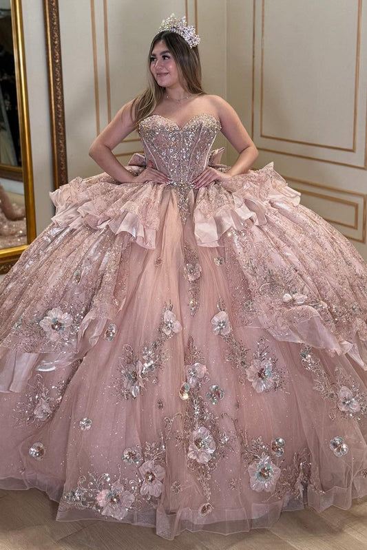 Sweetheart Luxury Tulle 3D Flowers Ruffles Pink Quinceanera Dresses HE898