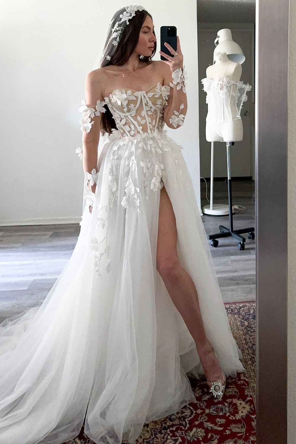 Sweetheart A Line Boho Wedding Dresses Tulle 3d Flowers Wedding Gowns   Hebebridal