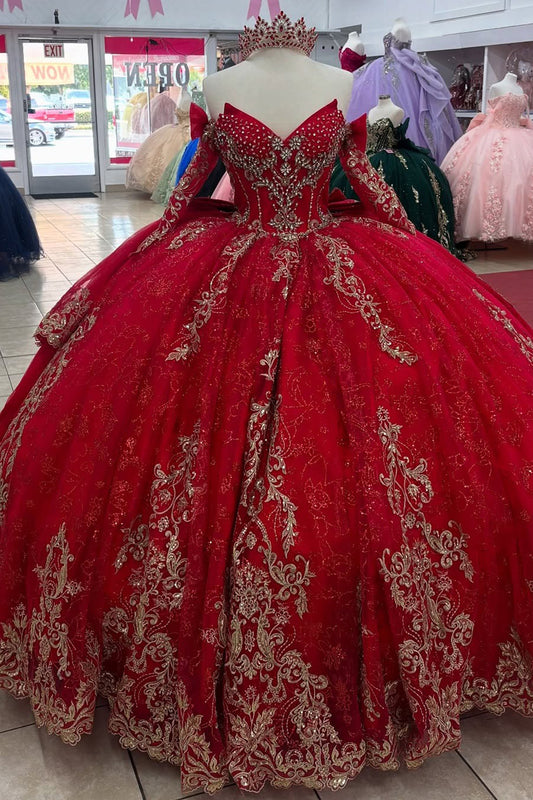 Glittery Tulle Lace Long Sleeves Sweetheart Red Quinceanera Dresses for Birthday Party HE946