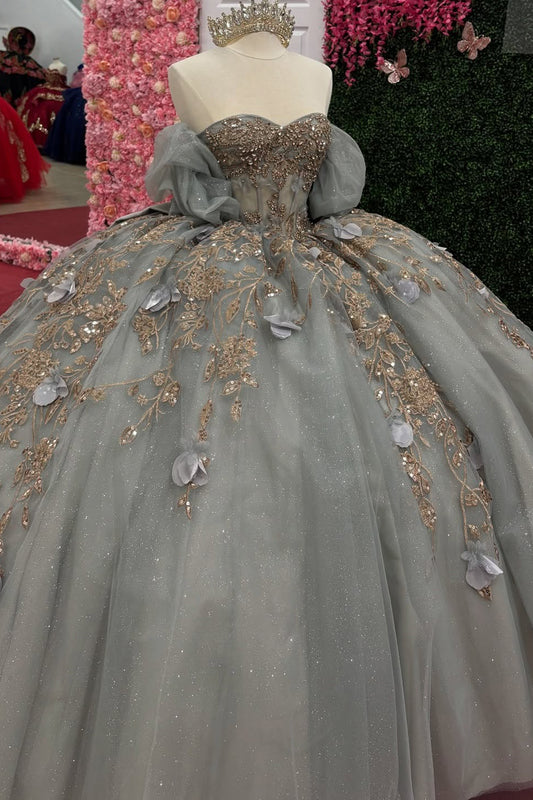 Luxury Glittery Tulle Sweetheart 3D Flowers Sweet 16 Quinceanera Dresses with Bowknot HE954