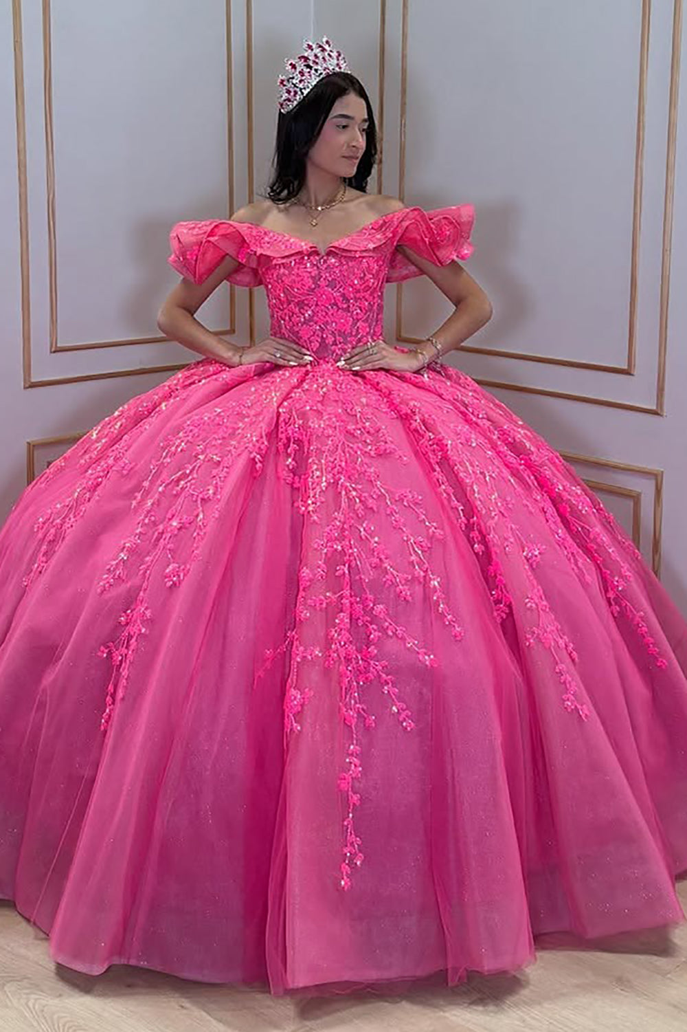 Off Shoulder Pink Tulle Lace Beaded Ball Gown Quinceanera Dresses HE70 – Hebebridal