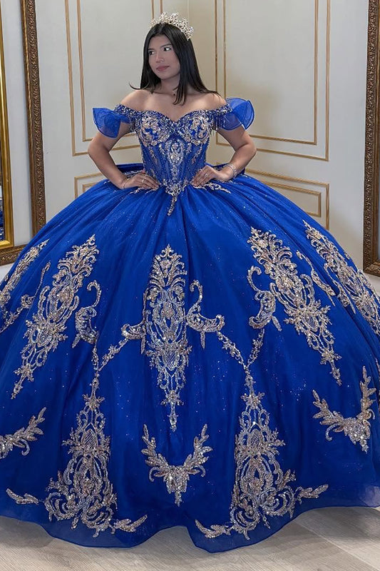 Sweet 16 Princess Blue Quinceanera Dresses Tulle Appliqued Birthday Party Gowns HE1068