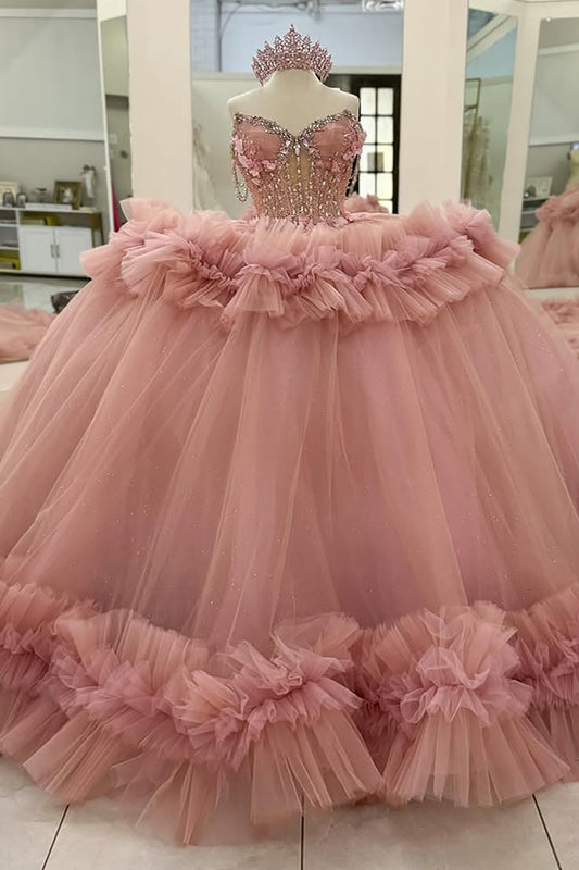 Sweetheart Tulle Ruffles Ball Gown Crystal Beaded Pink Quinceanera Dresses HE773