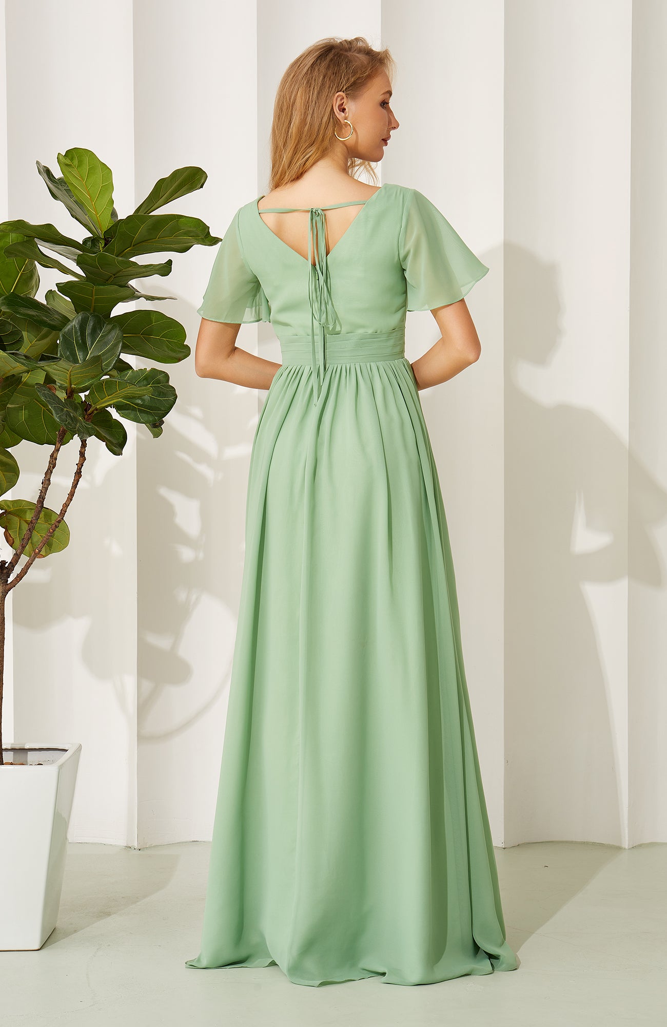 A Line V Neck Short Sleeves Chiffon Long Bridesmaid Dresses for Women HE702