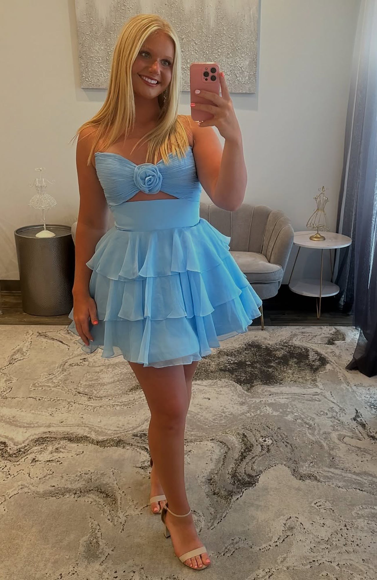 A Line Chiffon Ruffles Keyhole Sweetheart Homecoming Dresses HE648