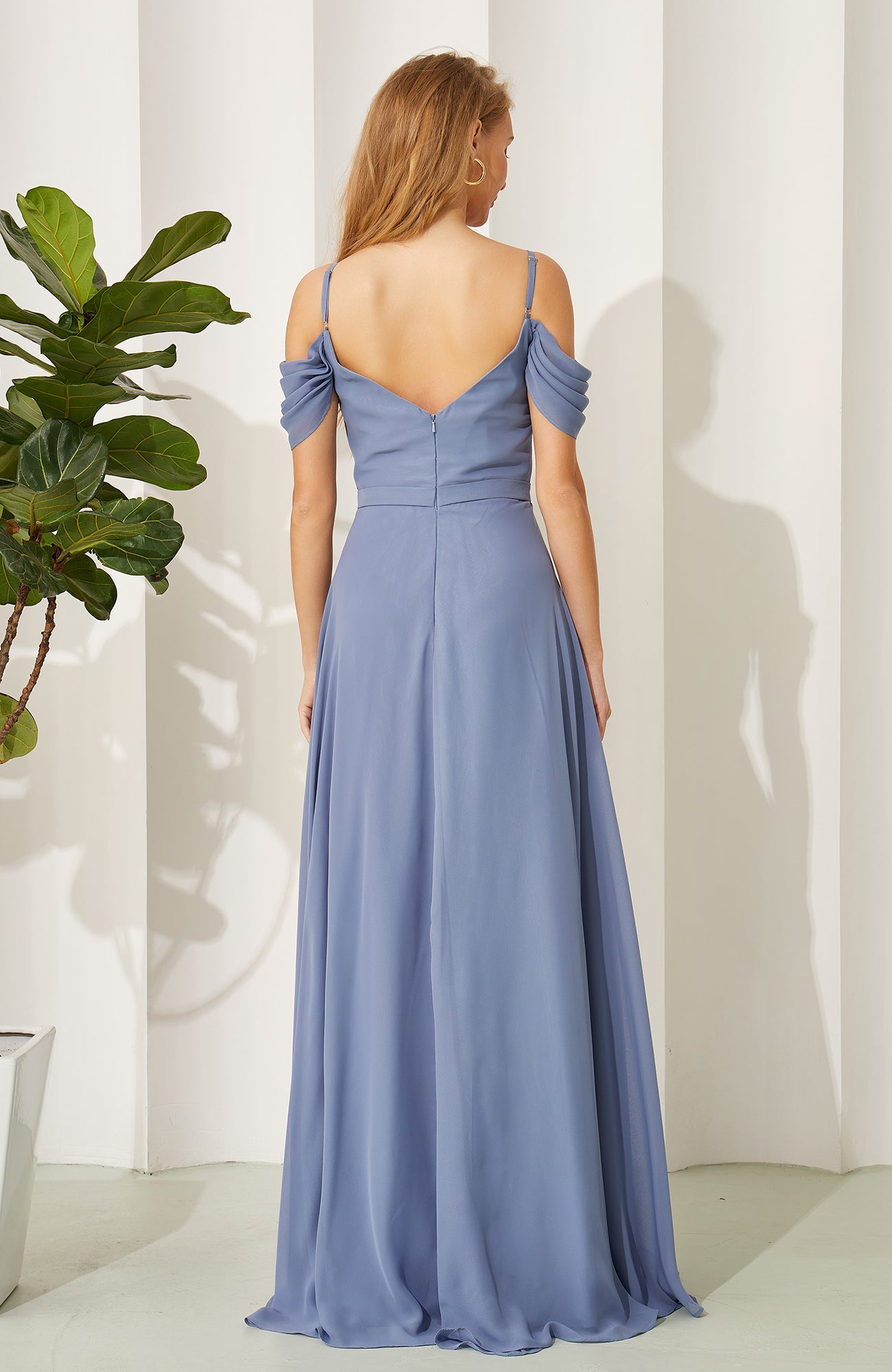 Off Shoulder A Line Chiffon Pleated Long Bridesmaid Dresses for Women HE706