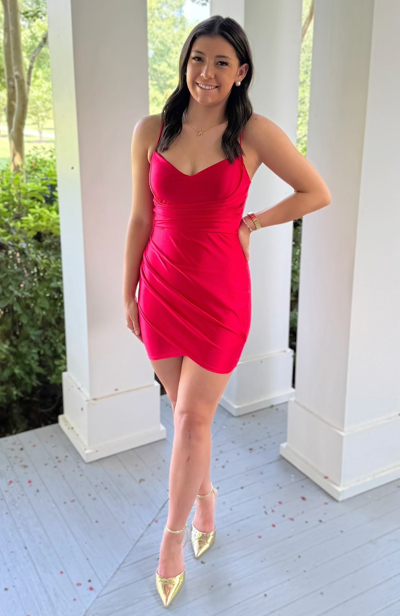 Sheath Satin V Neck Pleated Knee Length Homecoming Dresses for Juniors HE781