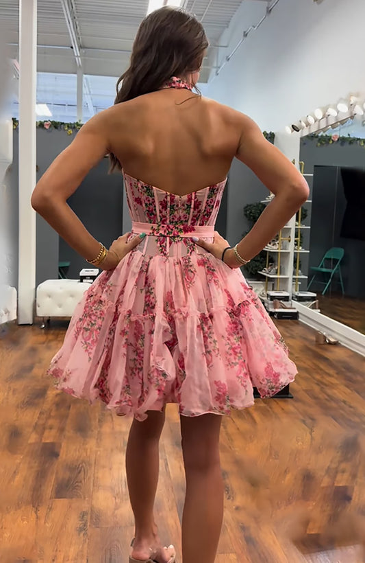 Floral Pink Strapless A Line Short Corset Homecoming Dress with Ruffles HE602