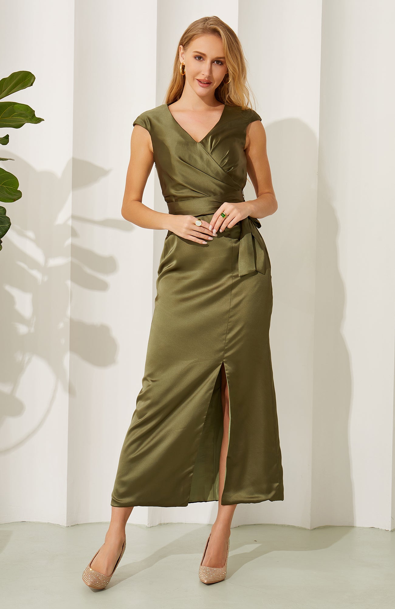 Olive Green Satin V Neck Split Bridesmaid Dresses Women's Wedding Party Gowns HE700