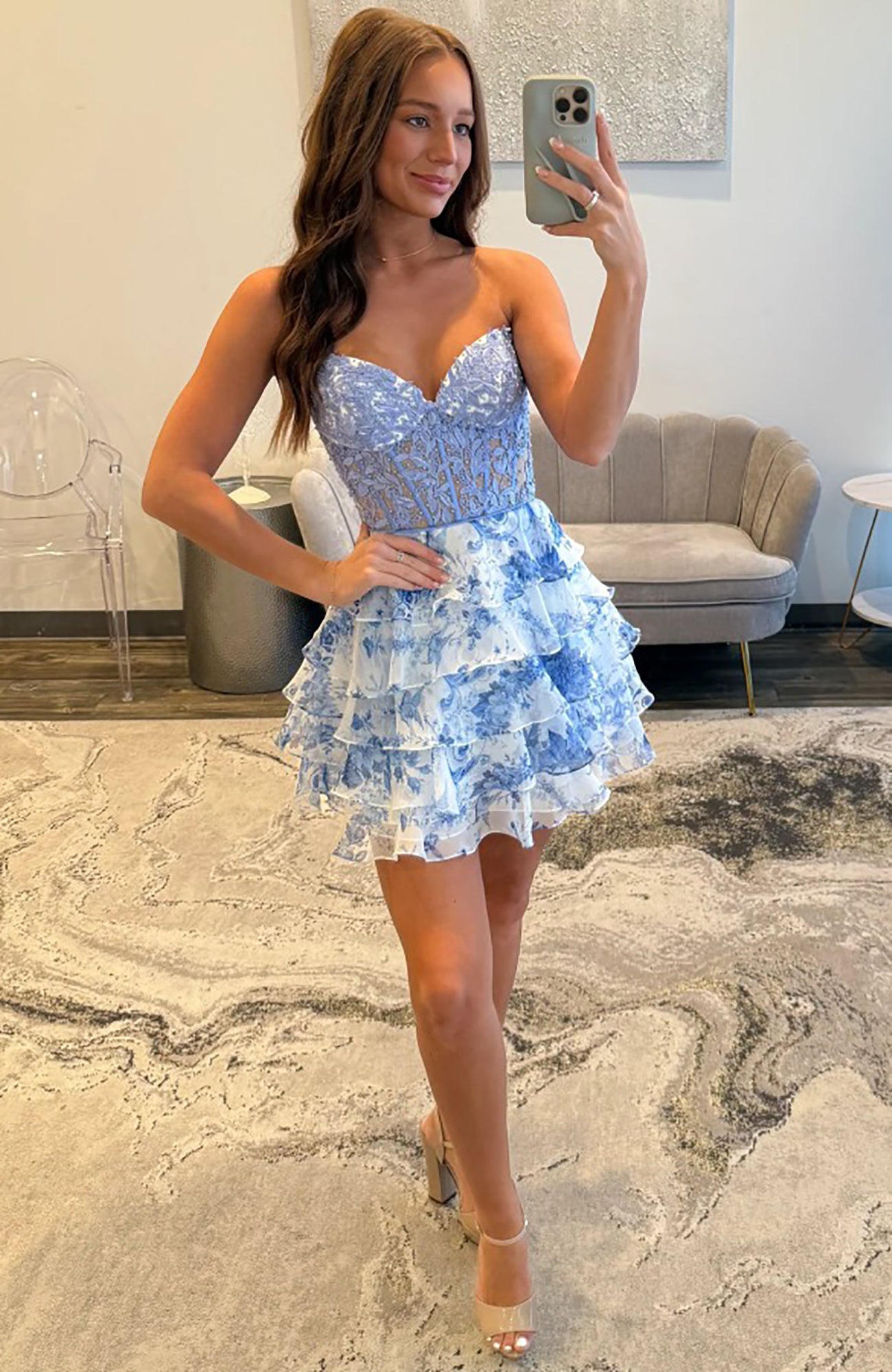 Sweetheart A Line Lace Appliqued Floral Print Homecoming Dress with Ruffles HE790
