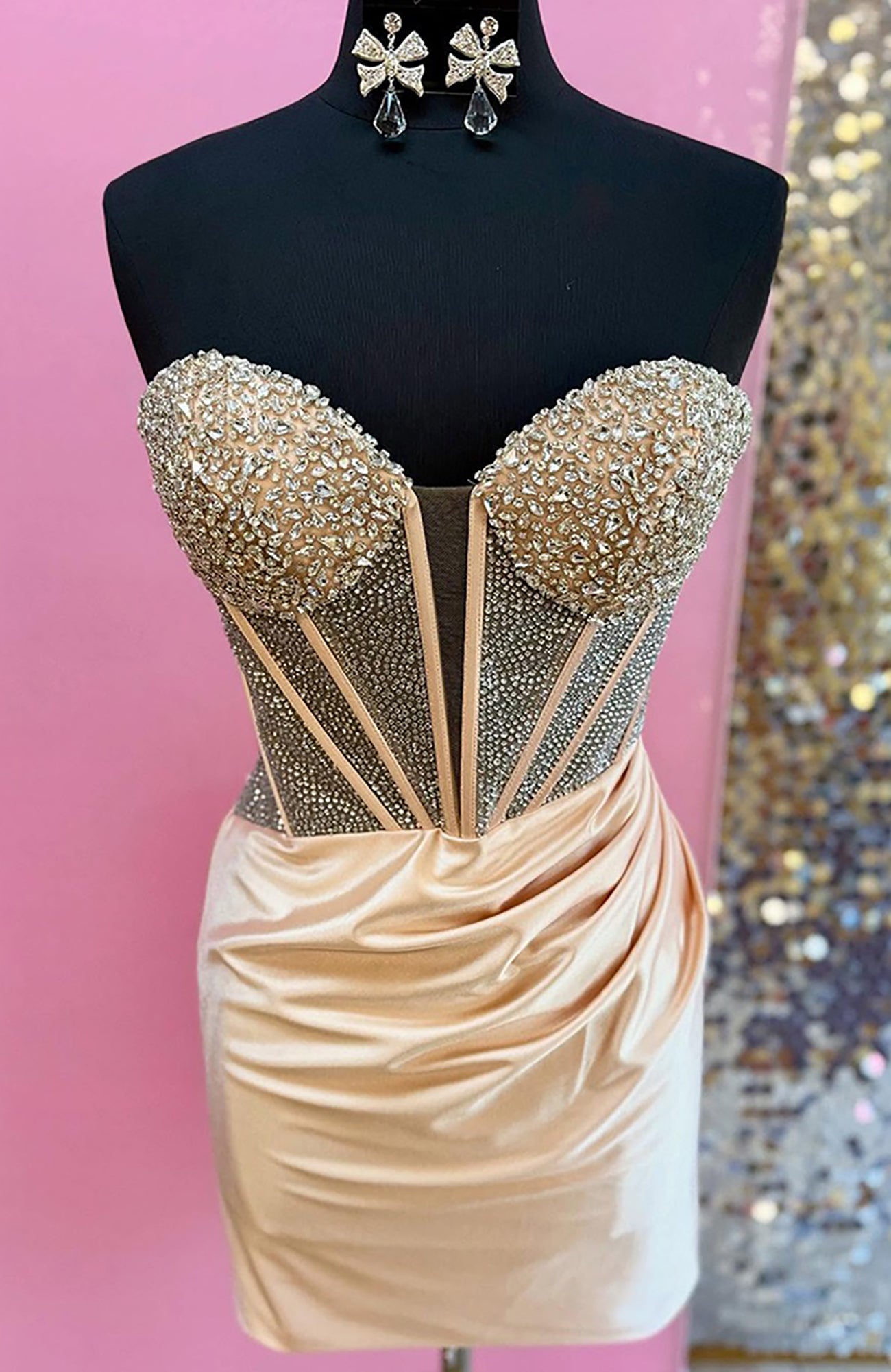 Sparkly Gold Tight Corset Short Satin Homecoming Dresses with Beading HE733