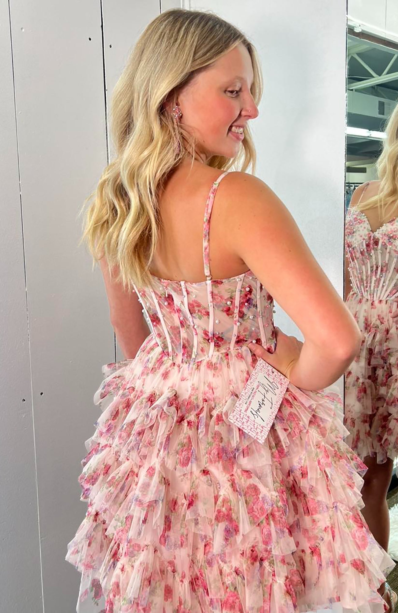 A Line Chiffon Ruffles Floral Print Corset Homecoming Dresses for Juniors HE783