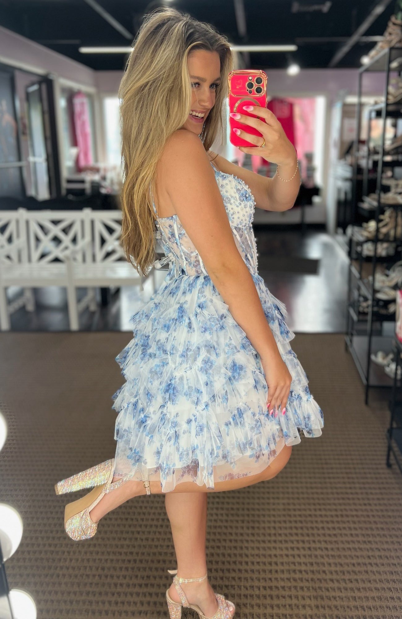 A Line Chiffon Ruffles Floral Print Corset Homecoming Dresses for Juniors HE764