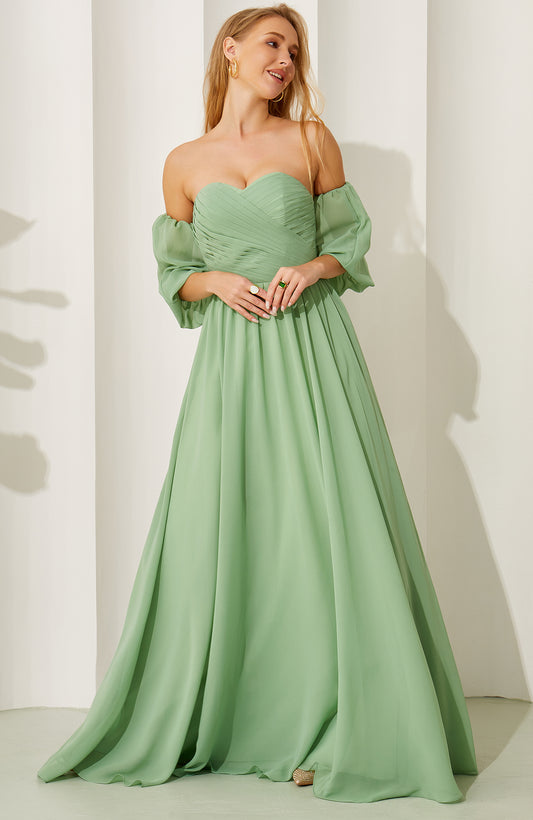 Women's A Line Sweetheart Chiffon Pleated Bridesmaid Dresses Long with Sleeves HE697