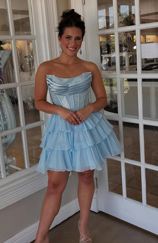 Sparkly Chiffon Ruffled Corset A Line Short Homecoming Dress with Beading HE652