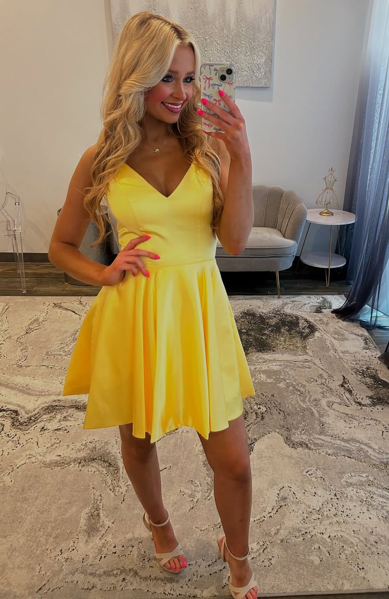 A Line Satin V Neck Knee Length Homecoming Dresses for Juniors HE716