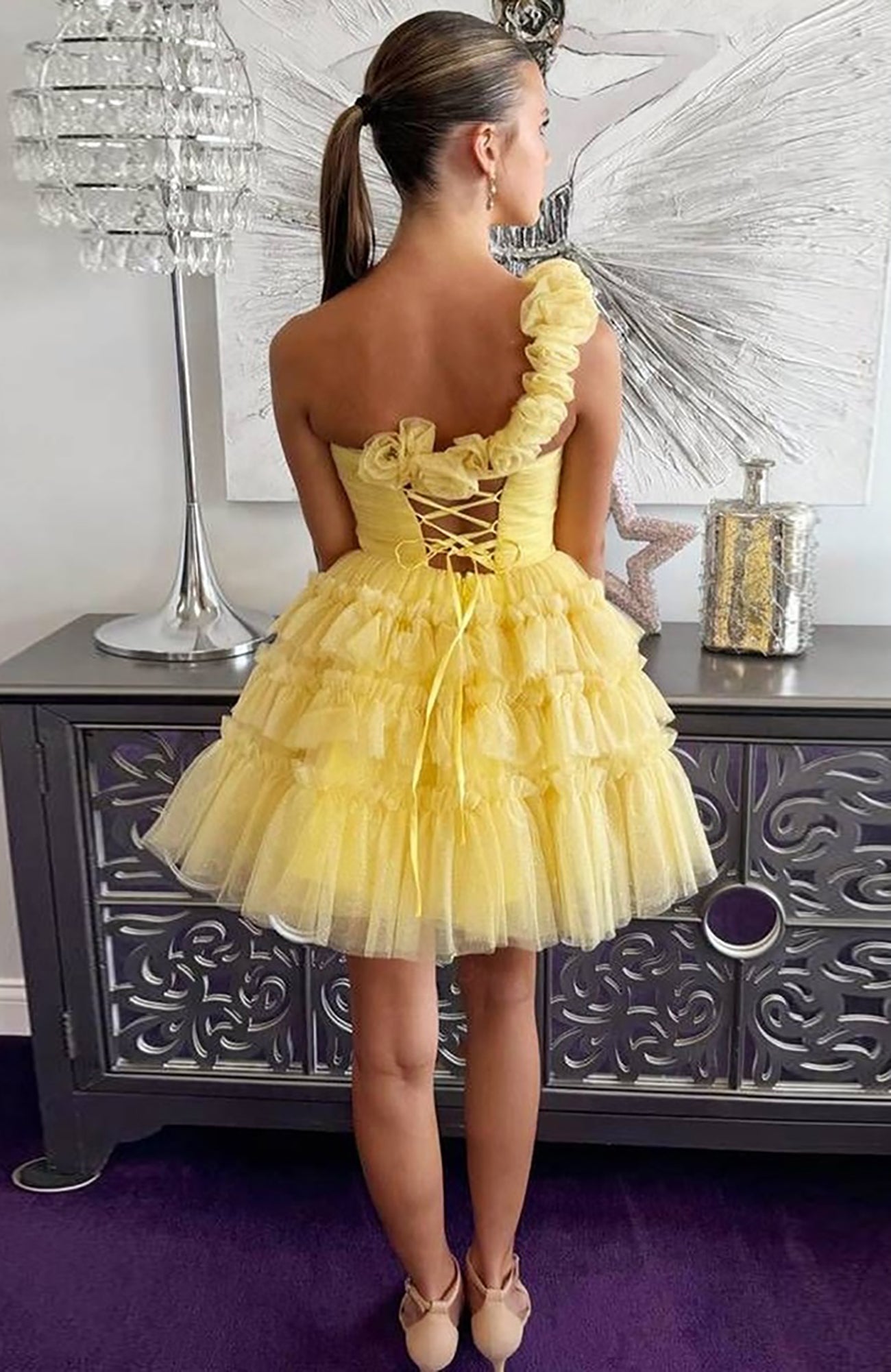 Yellow A-Line Flowers Asymmetrical Tiered Homecoming Dress HE736