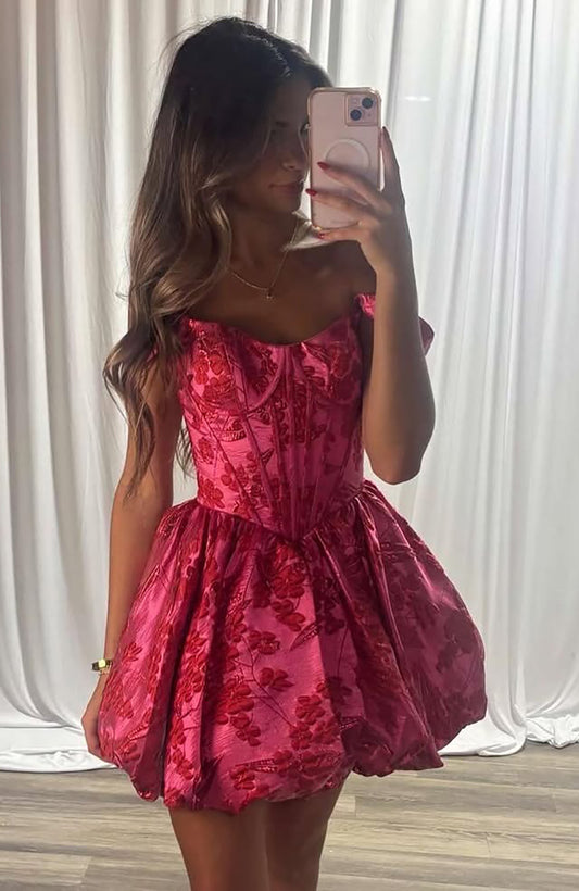 Off Shoulder A Line Pleated Homecoming Dresses with Floral Print HE601