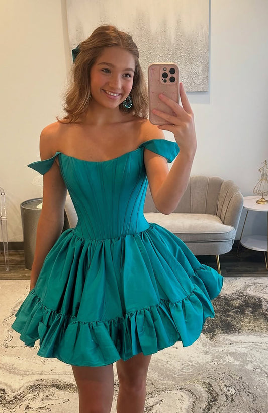 Off Shoulder Satin A Line Corset Knee Length Homecoming Dresses for Juniors HE649