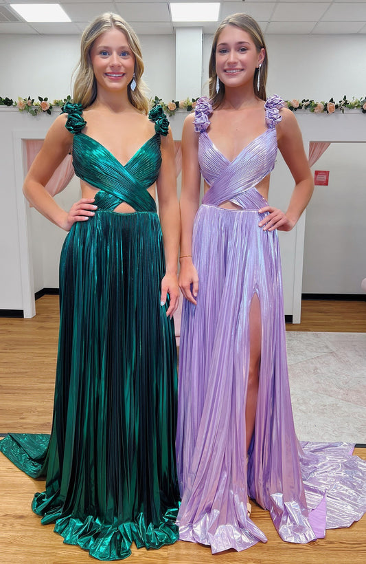 Metallic A-Line Prom Dresses for Women Ruched Long Evening Dress with Slit HE021