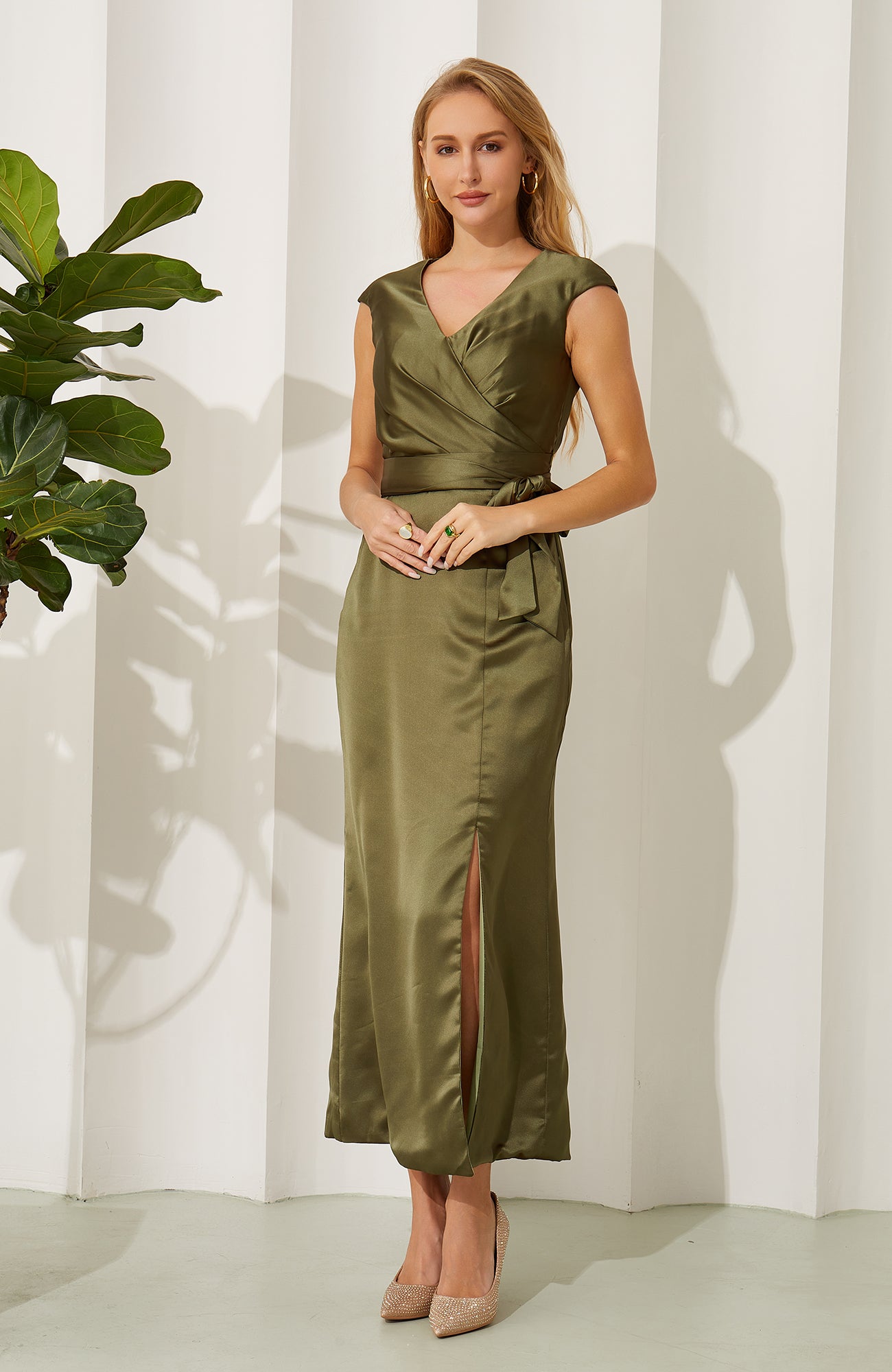 Olive Green Satin V Neck Split Bridesmaid Dresses Women's Wedding Party Gowns HE700