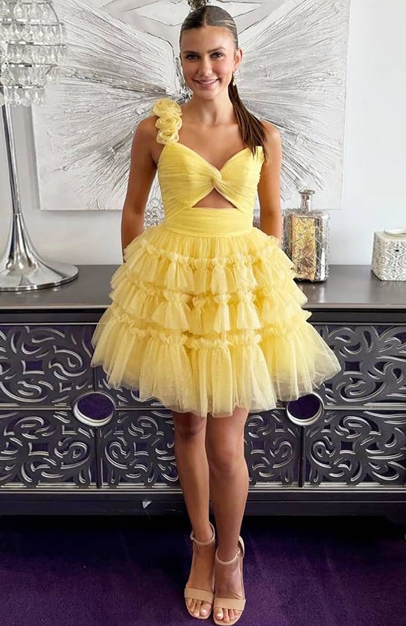 Yellow A-Line Flowers Asymmetrical Tiered Homecoming Dress HE736
