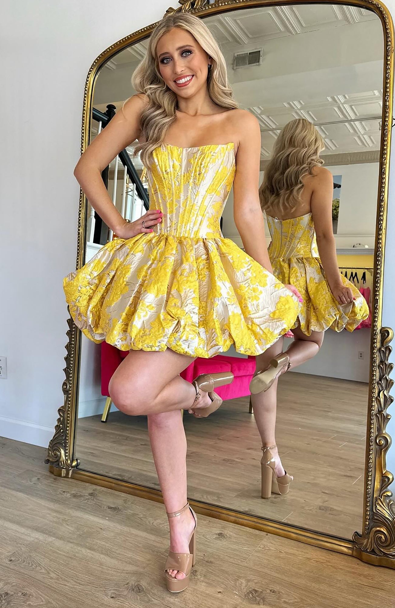 A Line Satin Floral Printed Corset Homecoming Dressses Yellow Party Dresses HE842