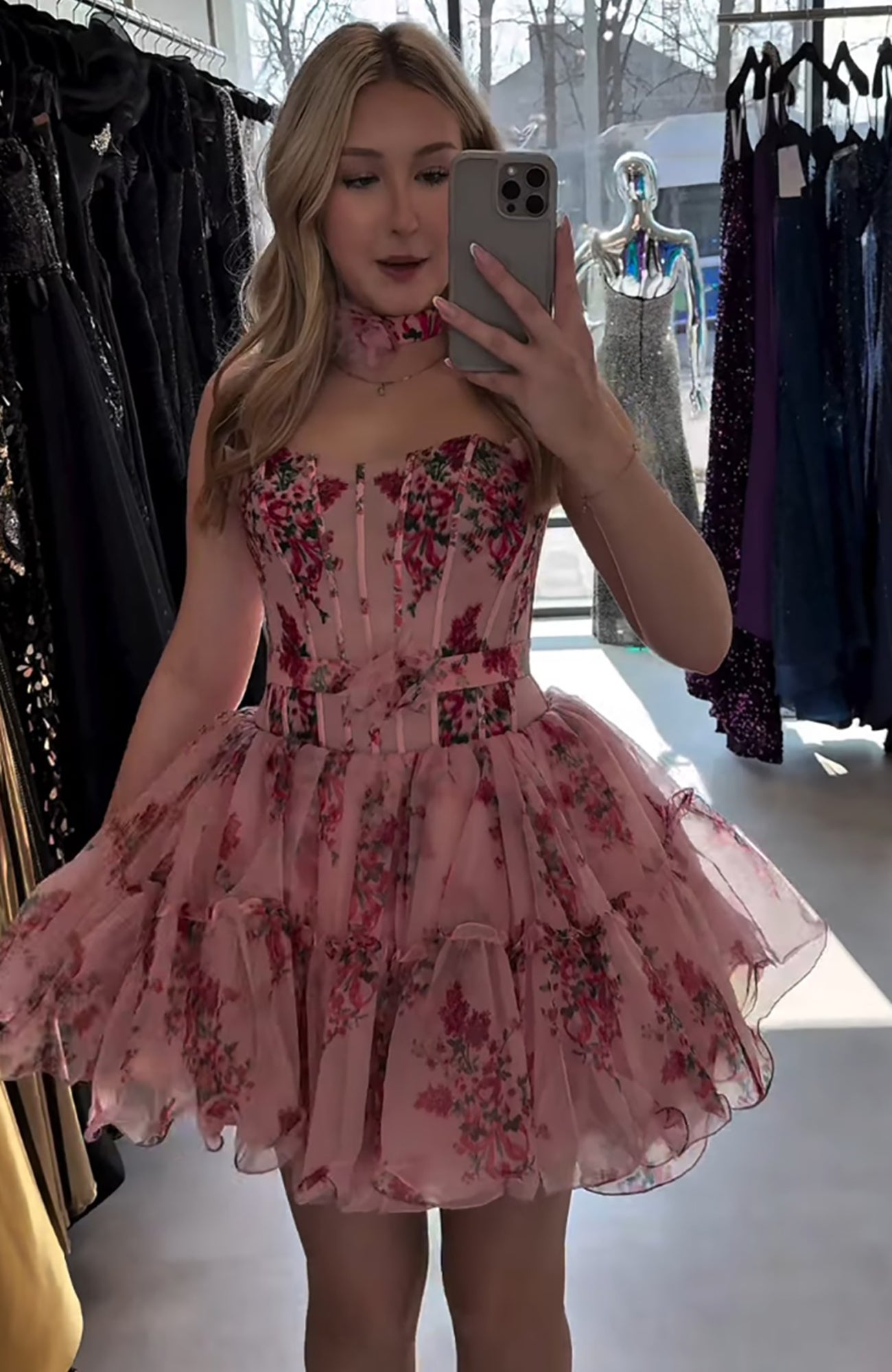 Floral Pink Strapless A Line Short Corset Homecoming Dress with Ruffles HE602