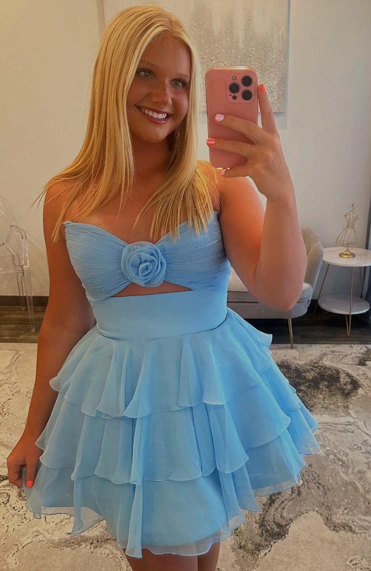 A Line Chiffon Ruffles Keyhole Sweetheart Homecoming Dresses HE648