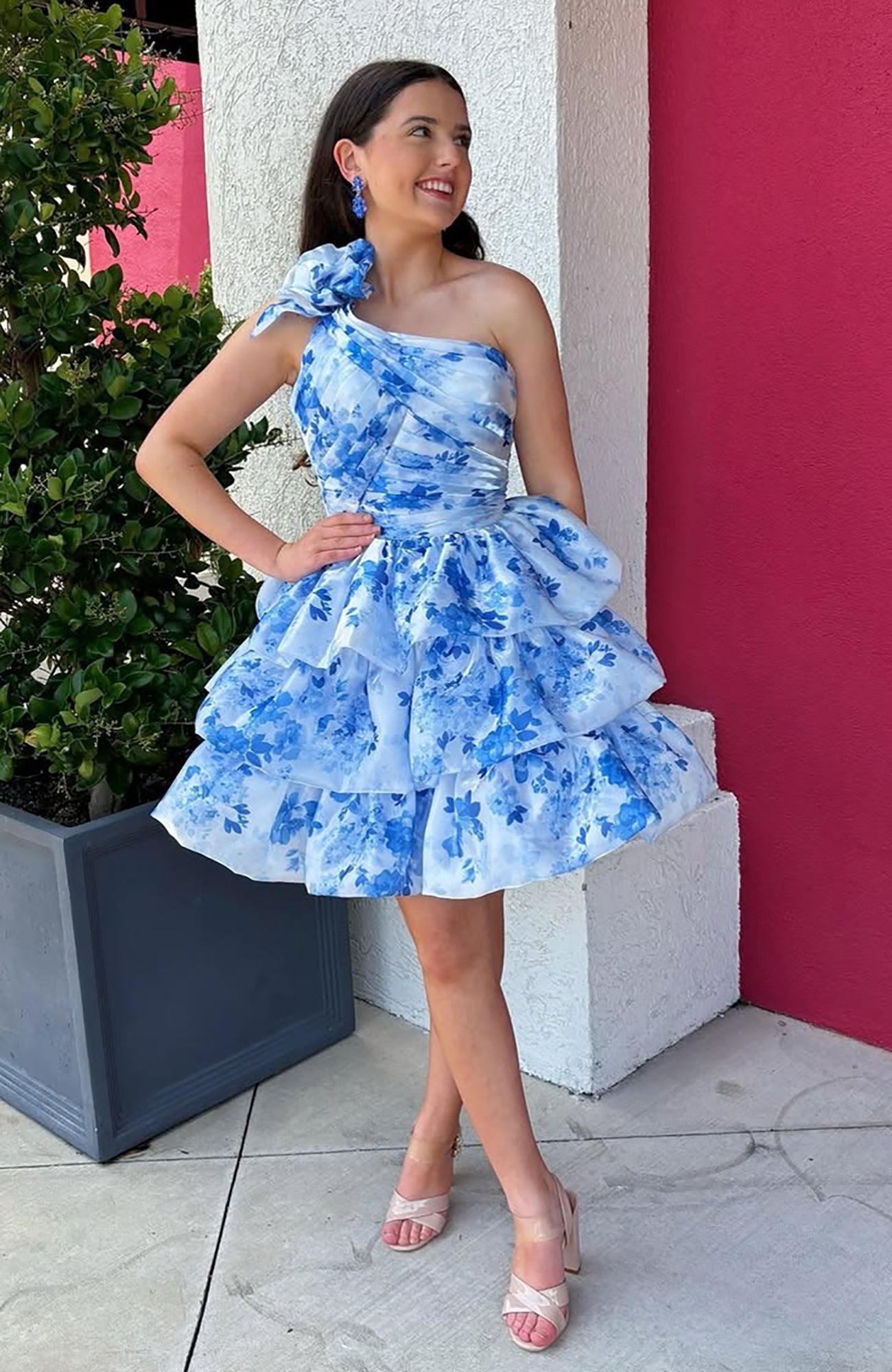 A Line One Shoulder Chiffon Floral Print Homecoming Dresses with Ruffles HE642