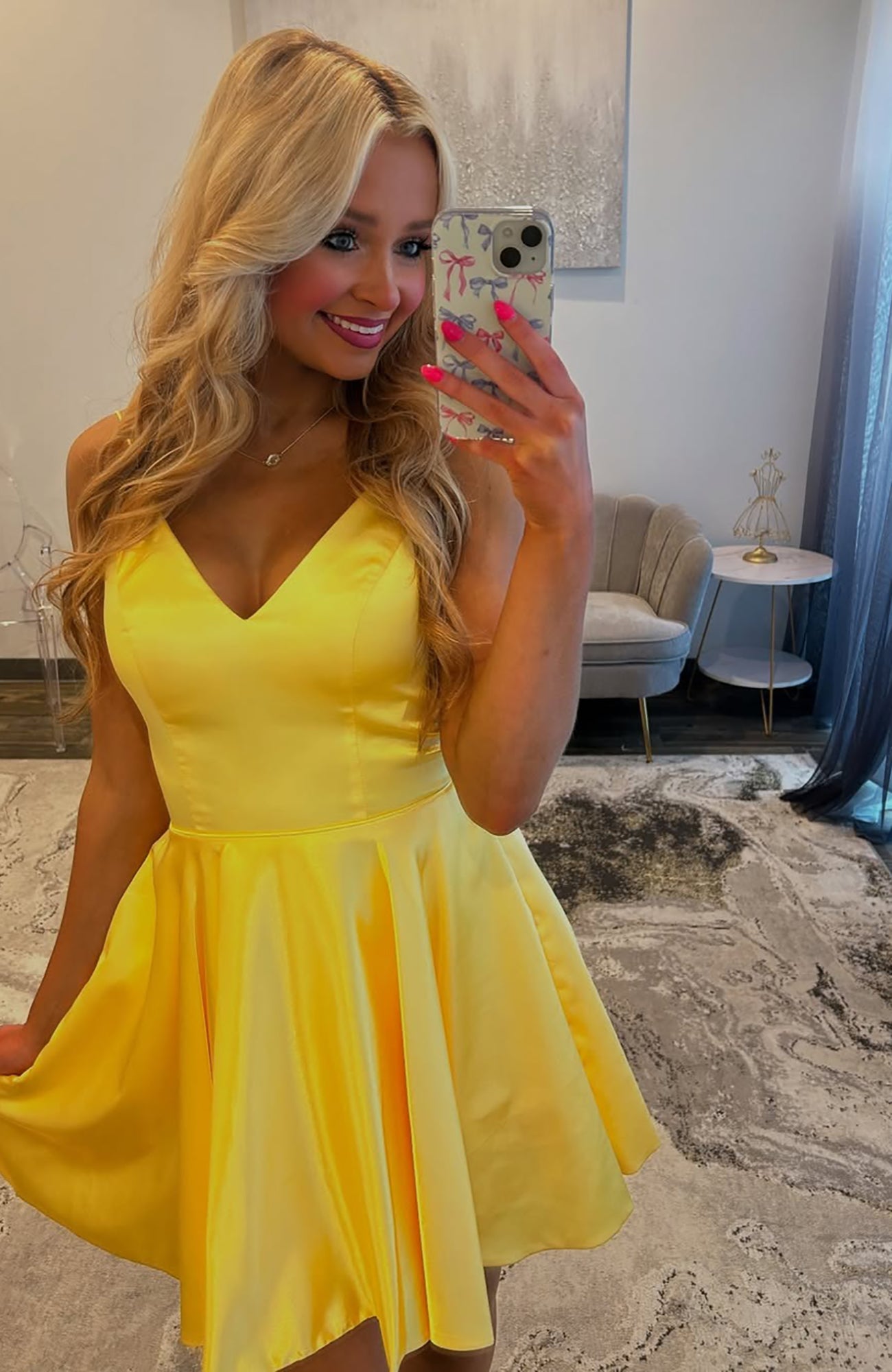 A Line Satin V Neck Knee Length Homecoming Dresses for Juniors HE716
