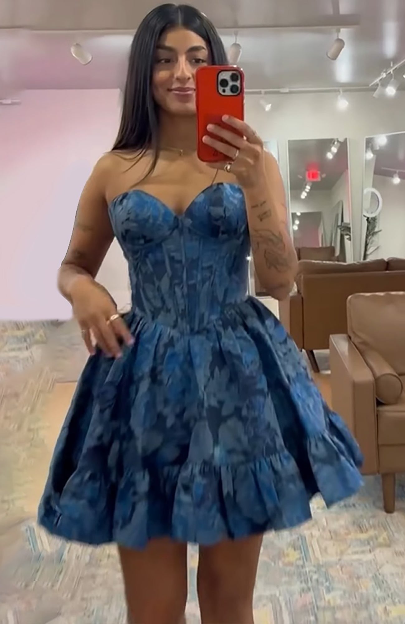 Navy Floral A Line Short Corset Homecoming Dress with Ruffles HE732