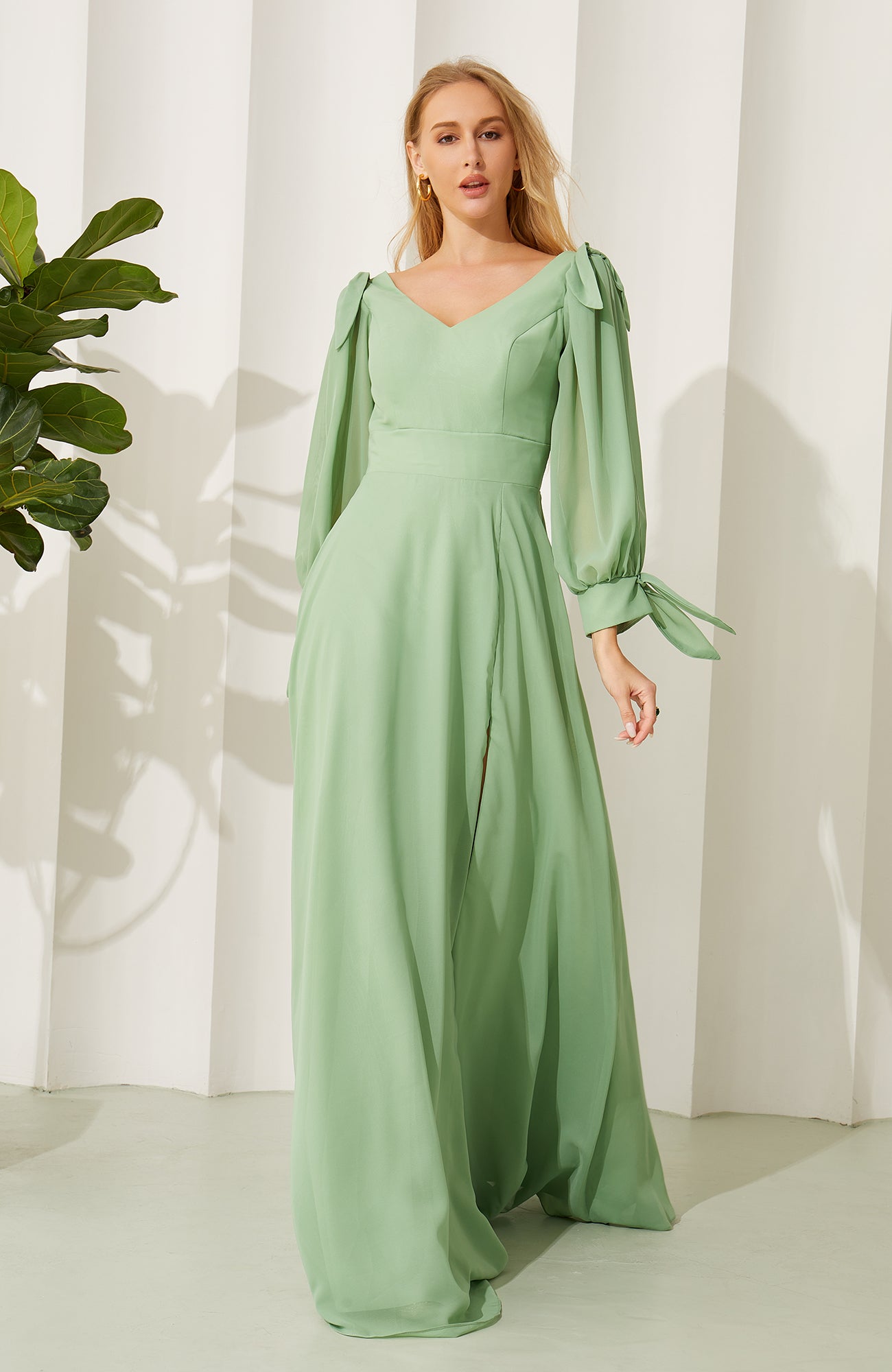 Long Sleeves A Line Plus Size Chiffon Bridesmaid Dresses Long with Slit HE703