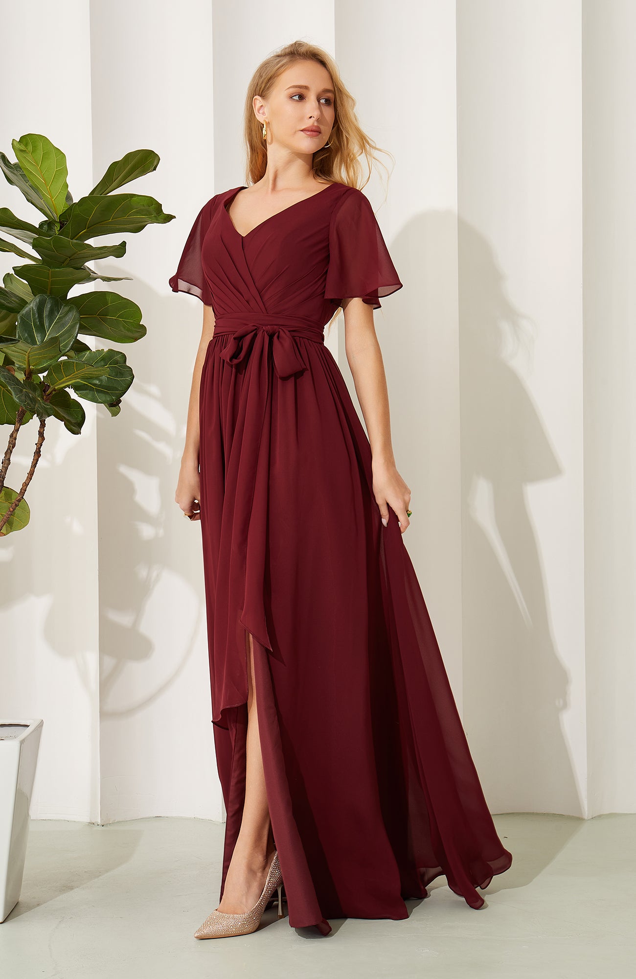 A Line Chiffon V Neck Split Long Bridesmaid Dresses with Short Sleeves HE708