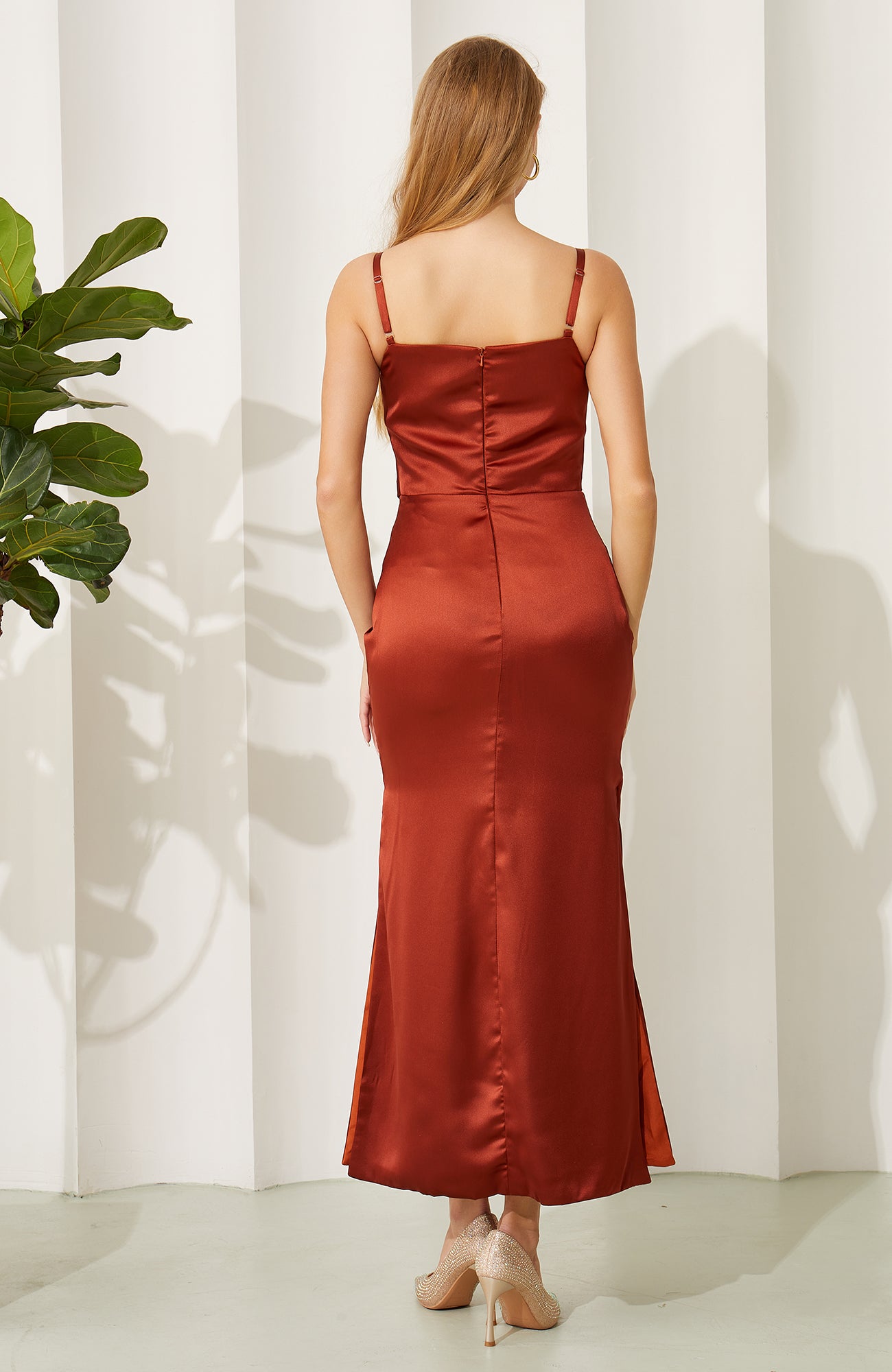 Satin Sheath Tea Length Bridesmaid Dresses Split Wedding Party Gowns for Women HE699