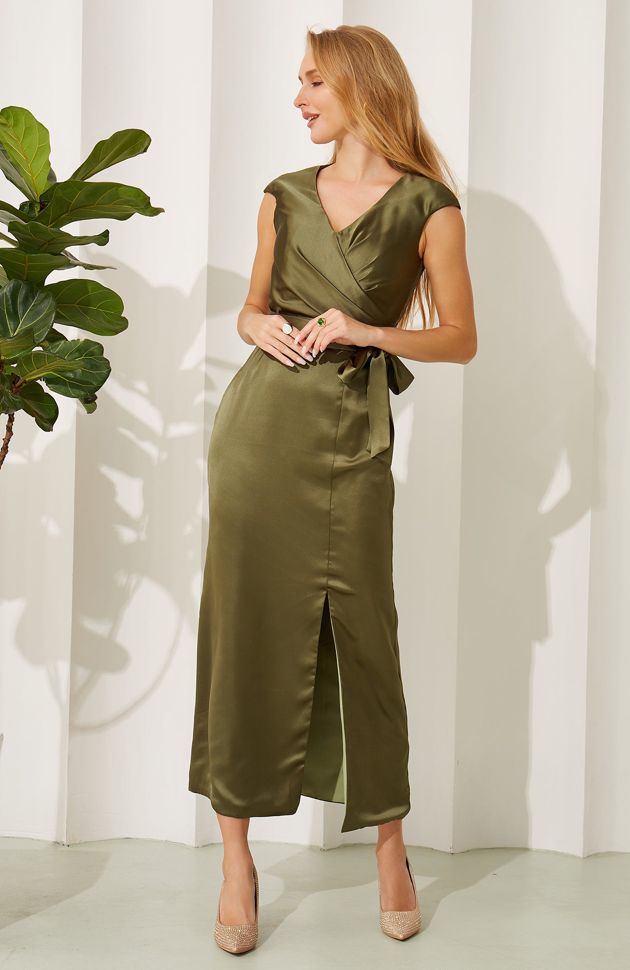Olive Green Satin V Neck Split Bridesmaid Dresses Women's Wedding Party Gowns HE700