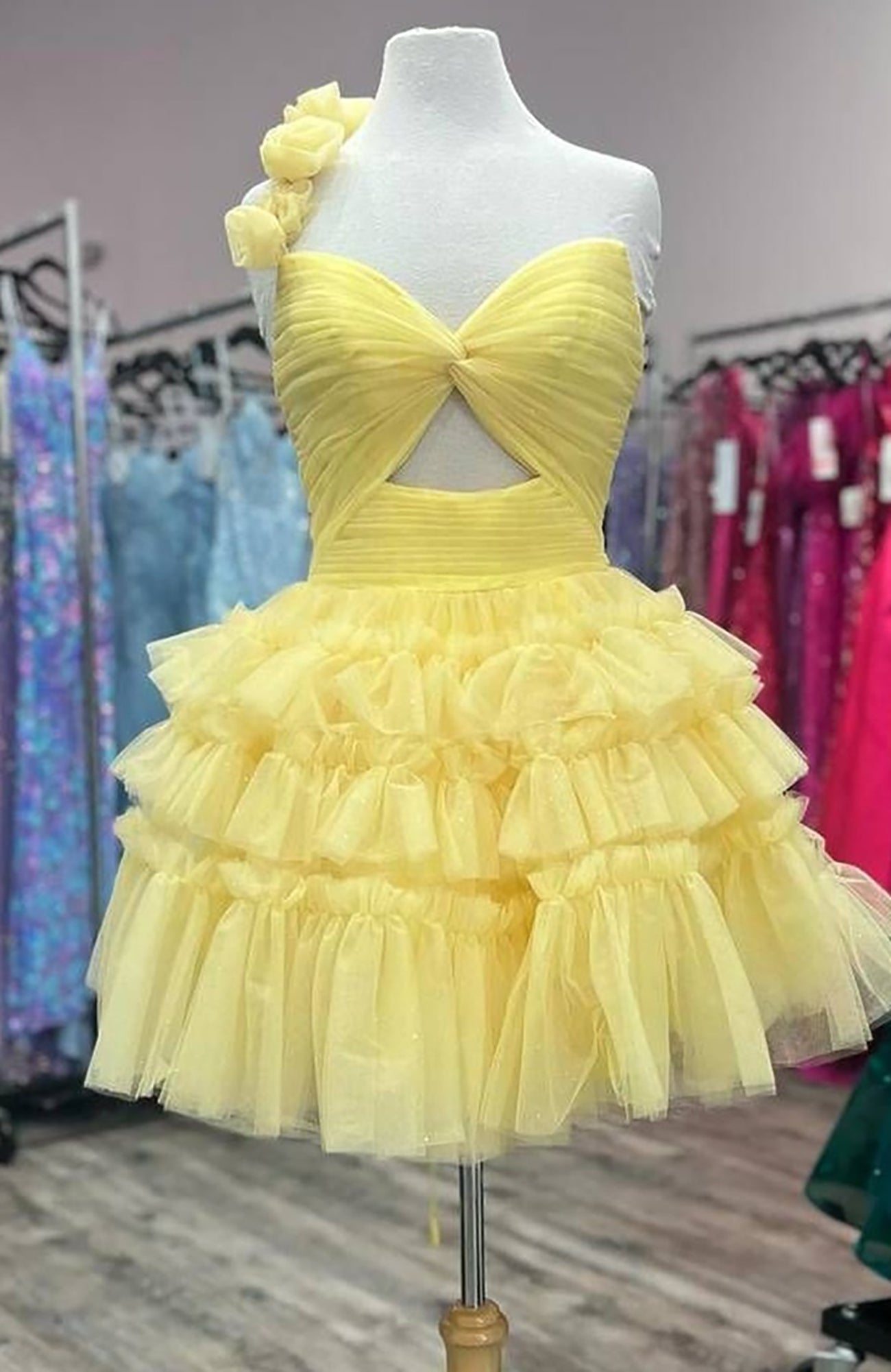 Yellow A-Line Flowers Asymmetrical Tiered Homecoming Dress HE736