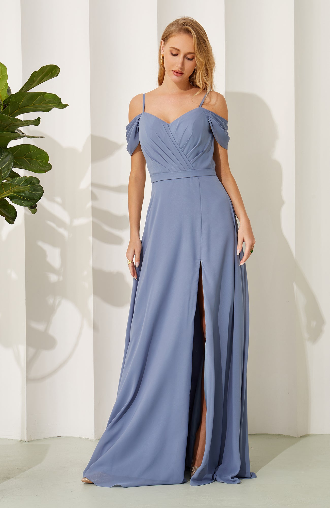 Off Shoulder A Line Chiffon Pleated Long Bridesmaid Dresses for Women HE706