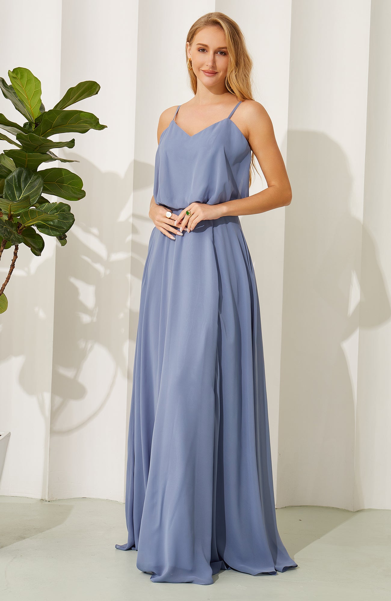 Women's Spaghetti Straps A Line Chiffon Long Bridesmaid Dresses with Slit HE698