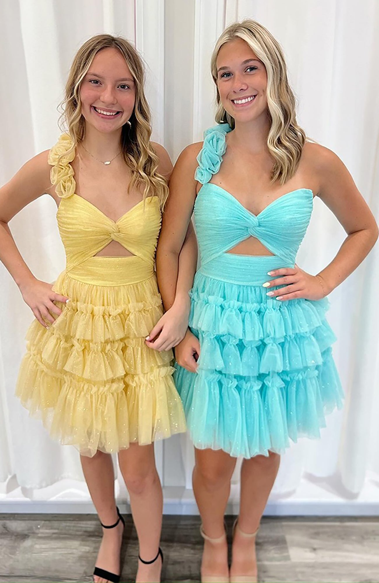 Yellow A-Line Flowers Asymmetrical Tiered Homecoming Dress HE736