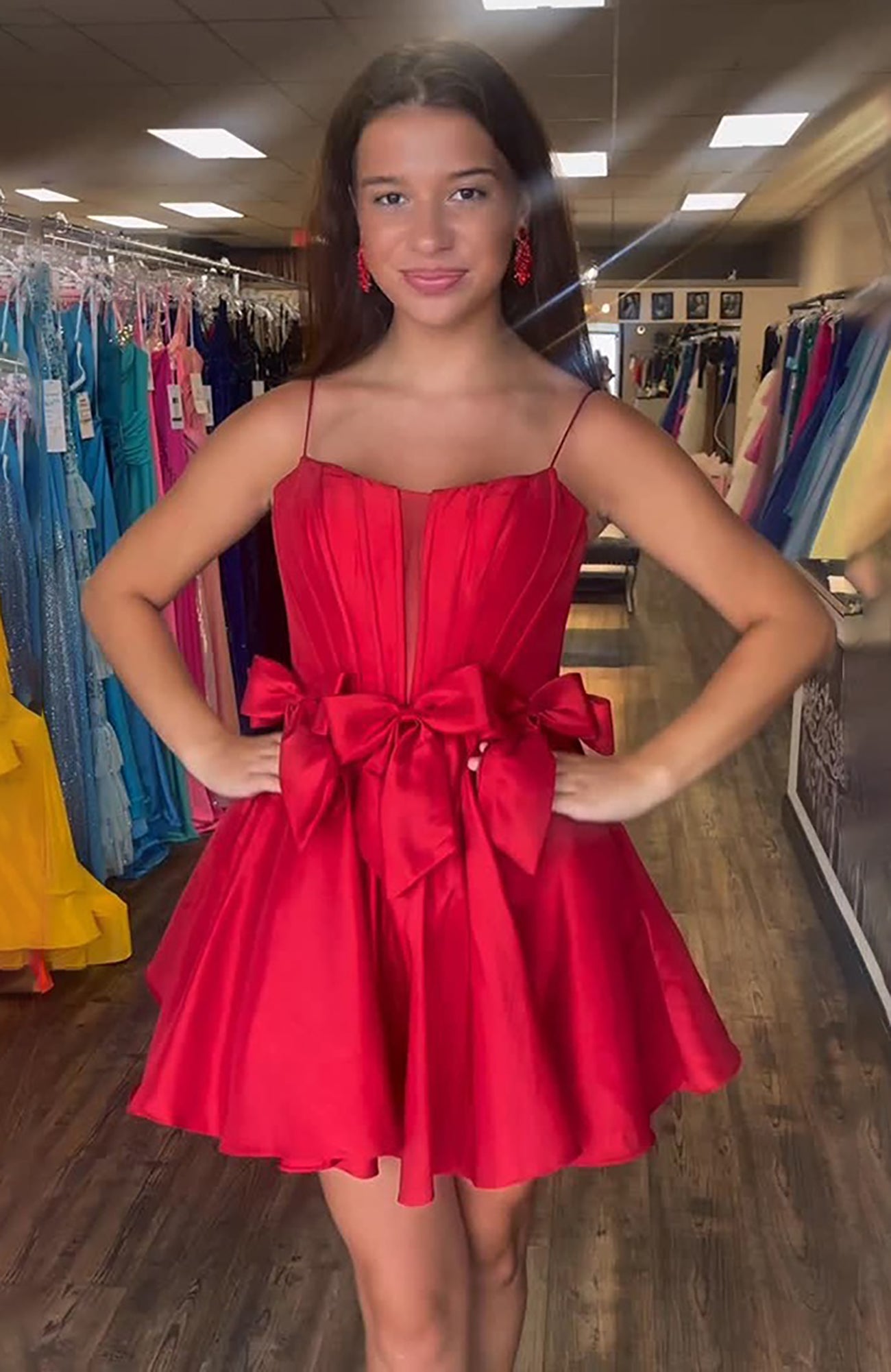 Red Satin Strapless A Line Short Corset Homecoming Dress with Bows HE728