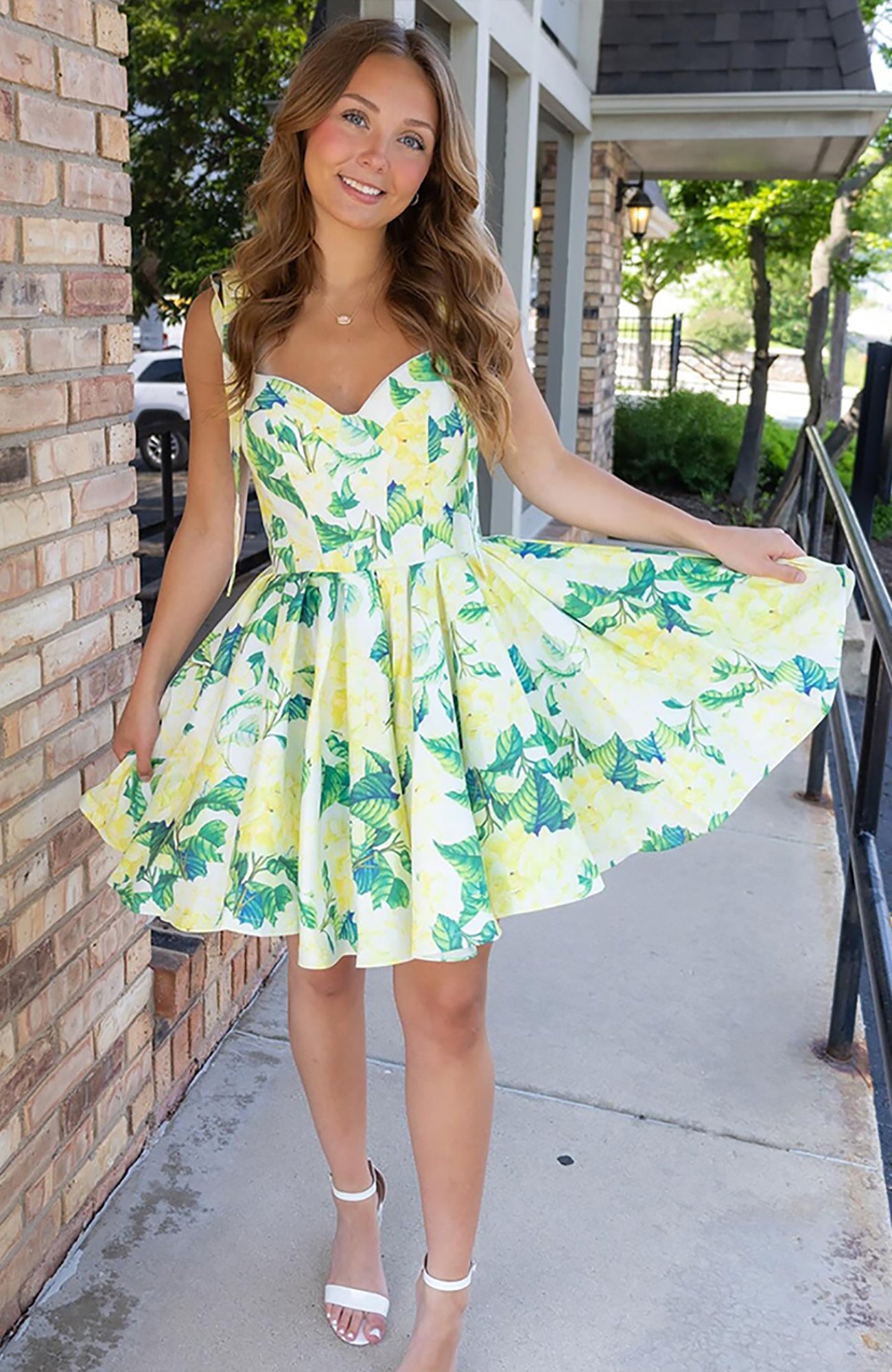 Floral Yellow A Line Short Satin Homecoming Dresses for Juniors HE606
