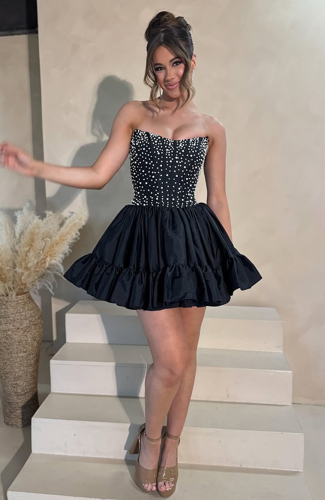 Vestidos de fiesta de satén plisados con corsé y cuentas, corte A, para jóvenes, HE608