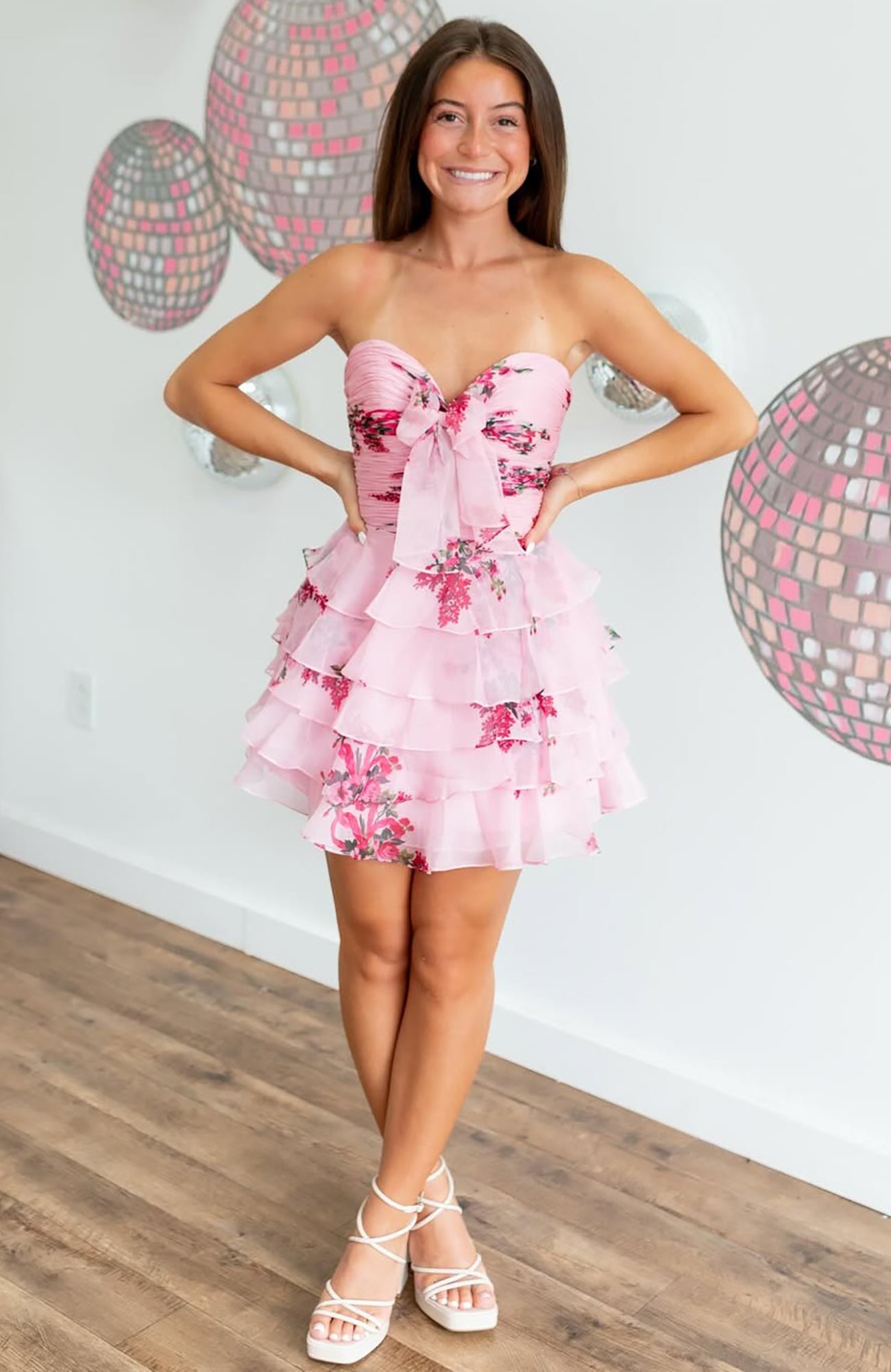 Sweetheart A Line Chiffon Floral Print Ruffle Homecoming Dresses HE563