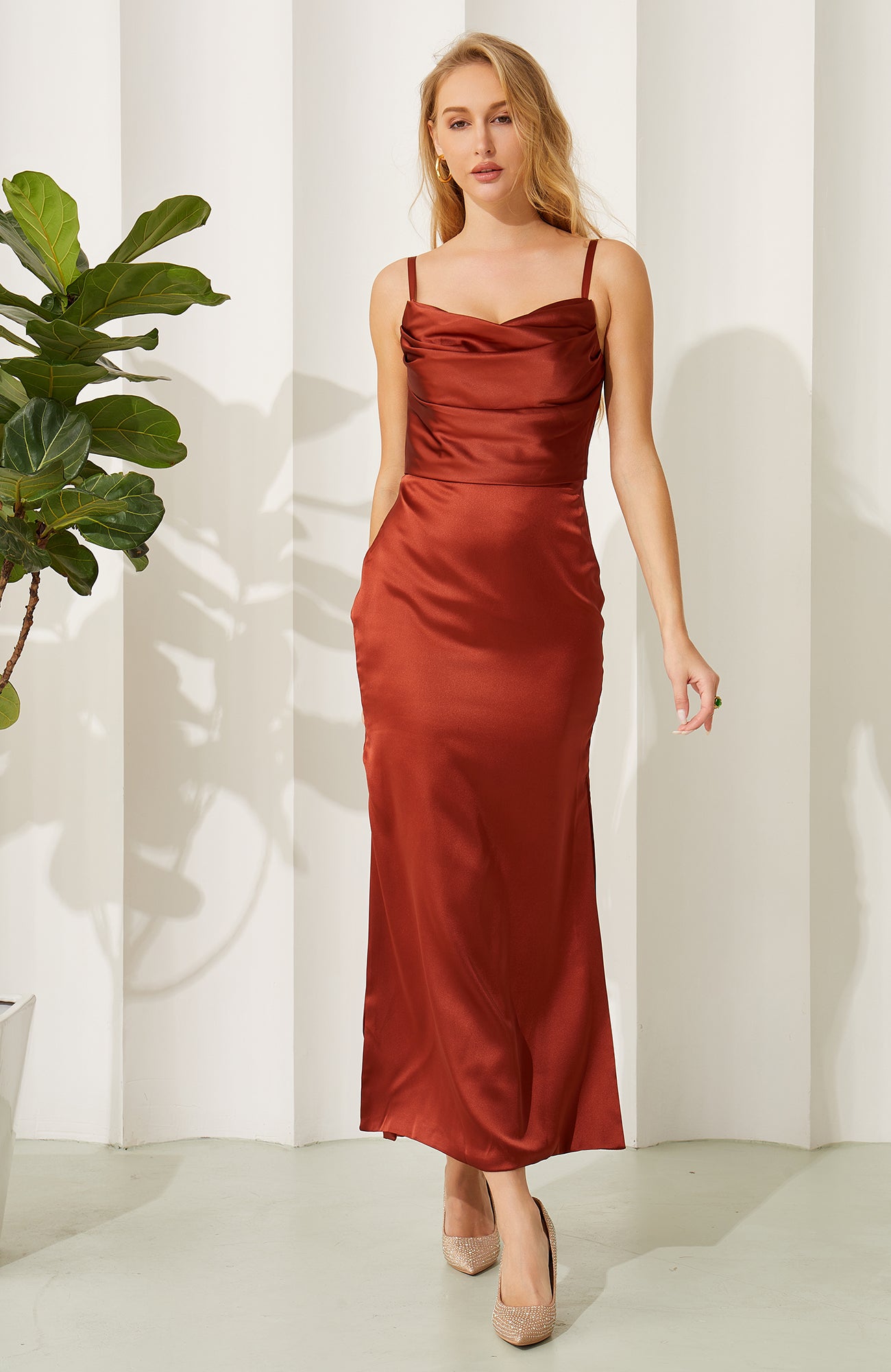 Satin Sheath Tea Length Bridesmaid Dresses Split Wedding Party Gowns for Women HE699